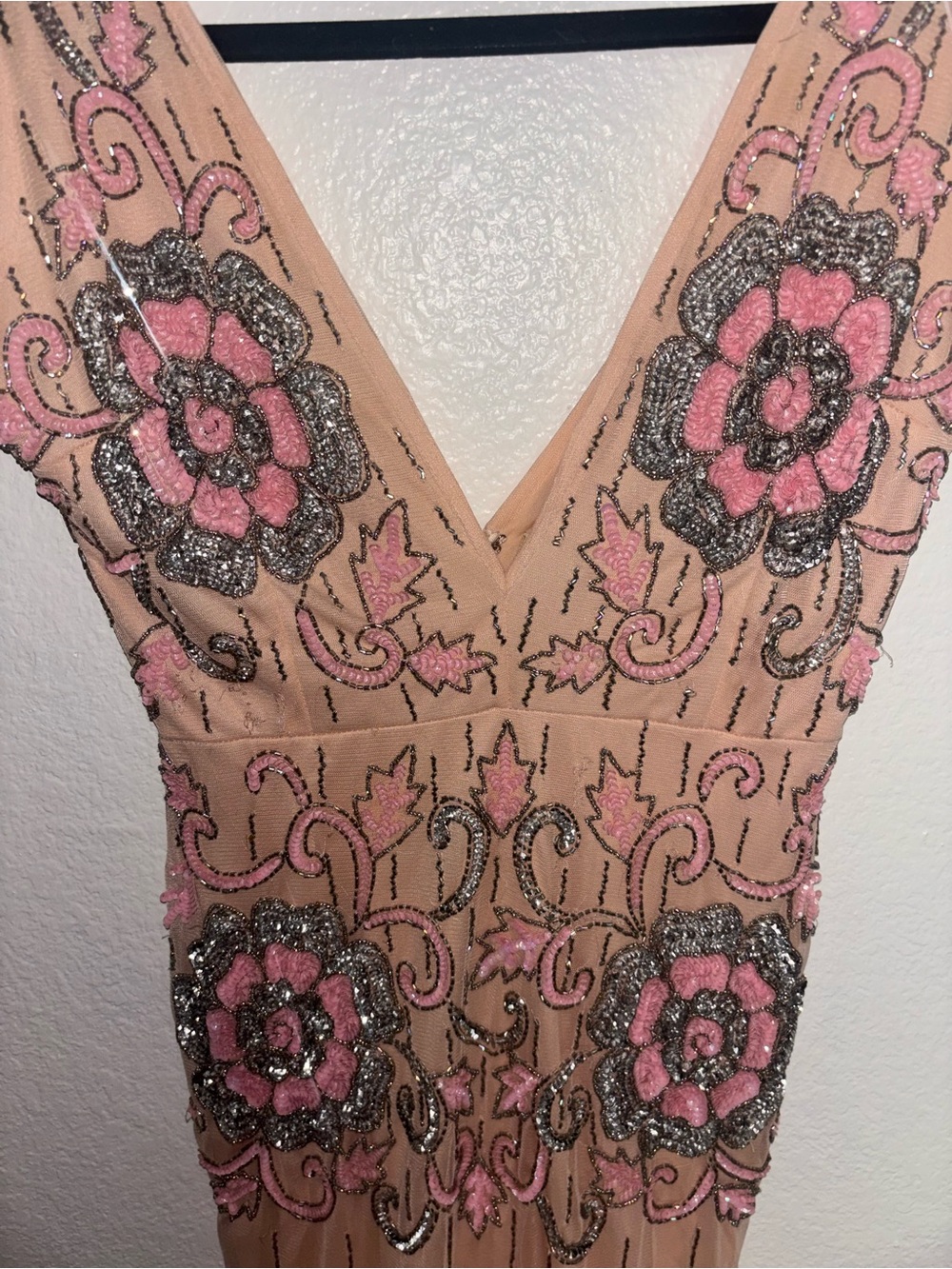 RARE VINTAGE One of a Kind Embellished Beaded V-Neck Pink Floral Evening Dress - Picture 3 of 5